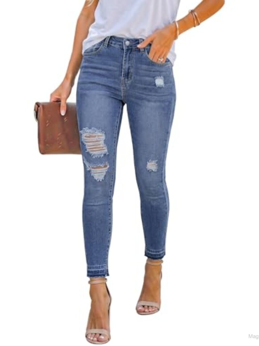 Skinny Cropped Jeans High Waisted Ripped Stretchy Destroyed Denim Jeggings